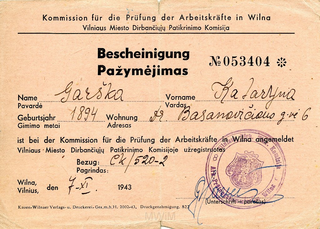 KKE 5707-2.jpg - (litewski) Dok. Karty Kontrolne wydane przez Komisję Kontroli dla Antoniego i Katarzyny Graszko, Wilno, 7 XI 1943 r.